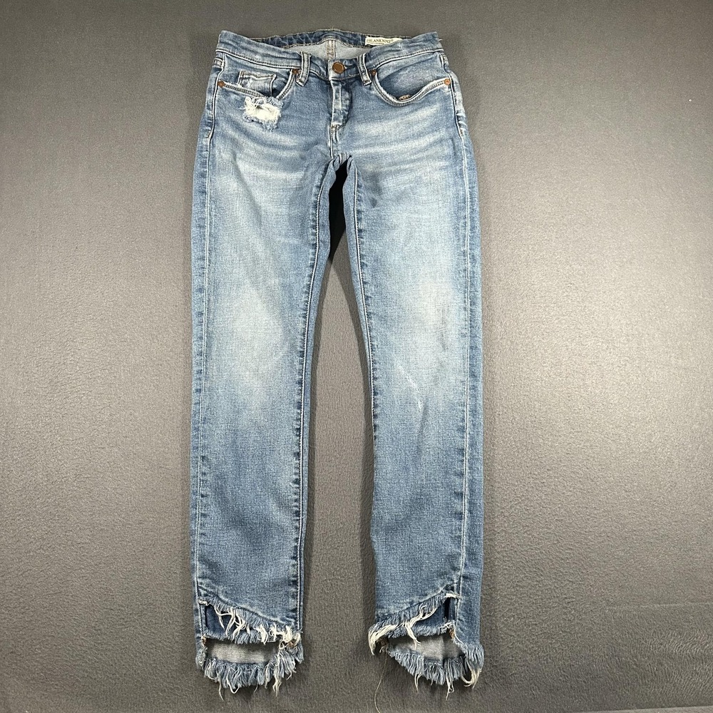BlankNYC Skinny Jeans Womens 26 Blue Medium Wash Low Rise Distressed Fringe Hem
